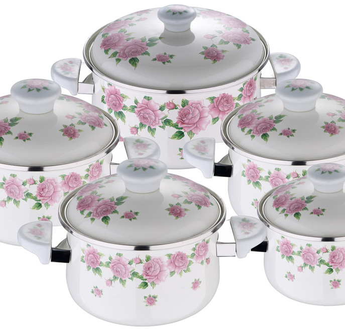 Набір емальованих каструль Wellberg Pink Floral 5 каструль емаль
