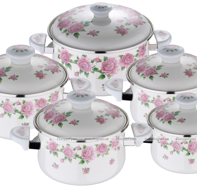 Набір емальованих каструль Wellberg Pink Floral 5 каструль емаль