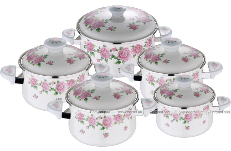 Набір емальованих каструль Wellberg Pink Floral 5 каструль емаль
