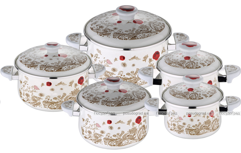 Набір емальованих каструль Wellberg Red Floral 5 каструль емаль