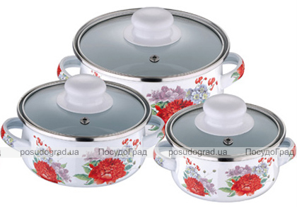 Набір 3 емальовані каструлі Wellberg Felicity 450мл, 800мл і 1200мл (Півонії)
